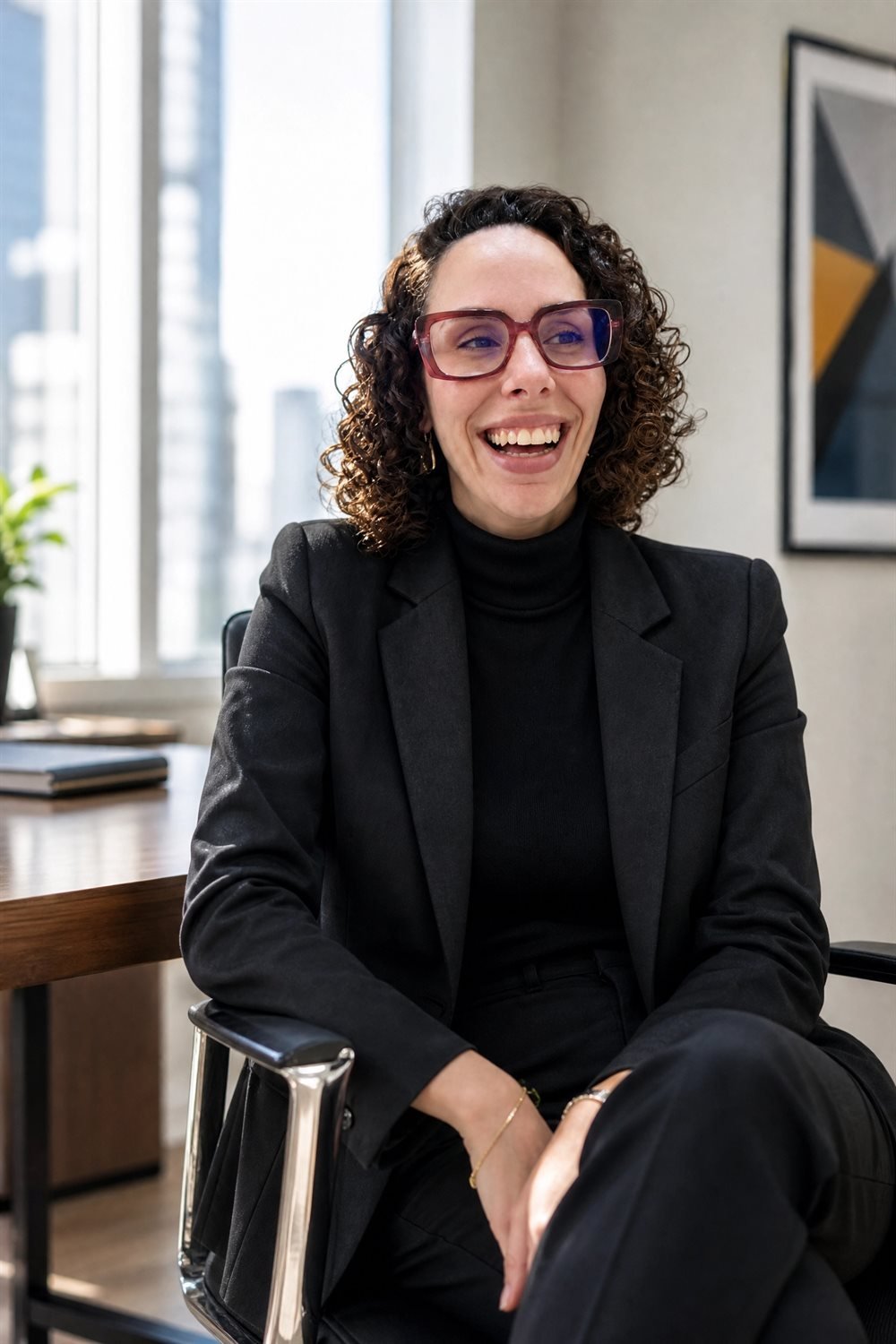Bianca Zanardo, terapeuta de relacionamentos, sorrindo em seu escritório